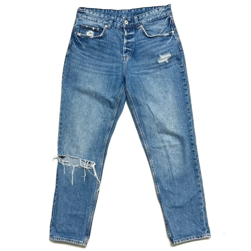 H&M &Denim Boyfriend Jeans‎ Blue Distressed Low Waist Button Fly Size 27